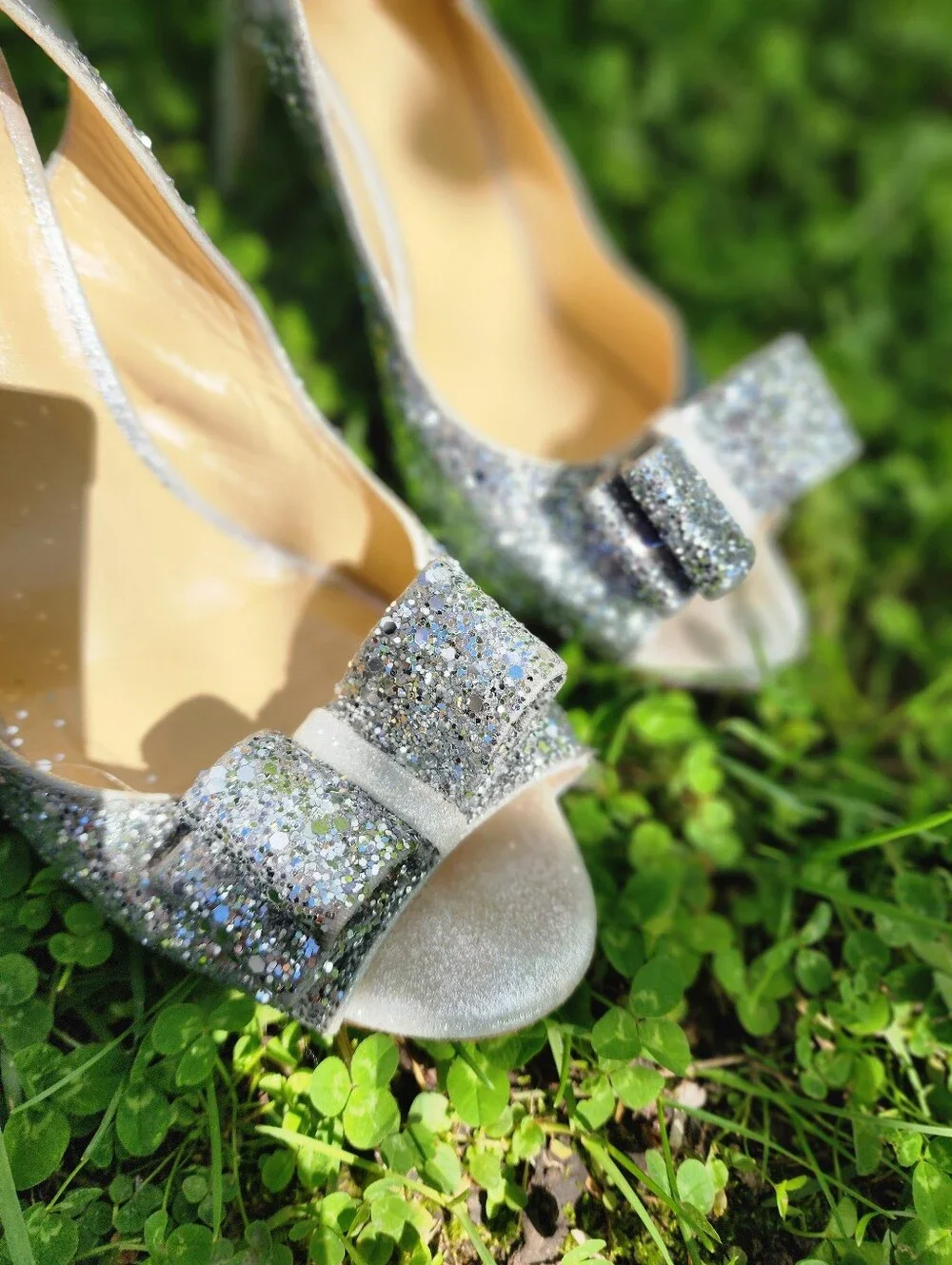 kate spade Silver Glitter Peep-Toe Slingback Heels with Bow